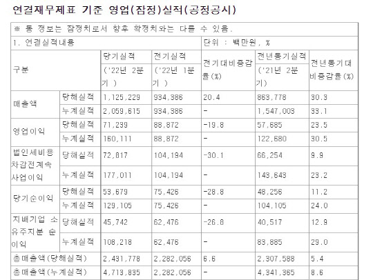현대백화점 2022년도 2분기 실적 현황. <자료: 전자공시시스템>
